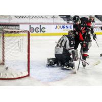 Blake Eastman of the Prince George Cougars provides a screen vs. the Vancouver Giants
