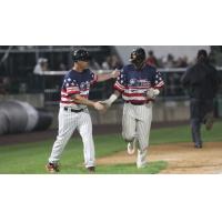 Hector Sanchez of the Long Island Ducks receives congratulations after his homer