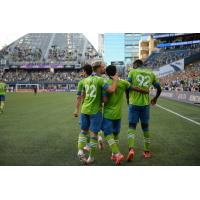 Seattle Sounders FC react after a goal