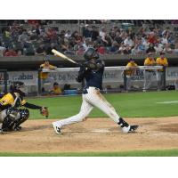 Michael Beltre swings away for the Somerset Patriots