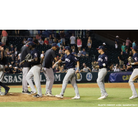 Somerset Patriots exchange high fives following a win