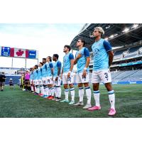 HFX Wanderers fullback Morey Doner (far right) lines up with his team