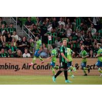 Seattle Sounders FC celebrates Raúl Ruidíaz's goal against Austin FC