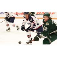 Tri-City Americans and Everett Silvertips pursue the puck