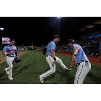 Pensacola Blue Wahoos celebrate a walk-off win