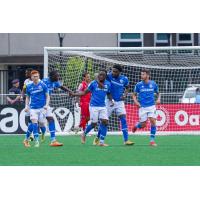 Atlético Ottawa react after a goal against York United