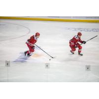 Alec Butcher (left) skating with the puck for the Rapid City Rush