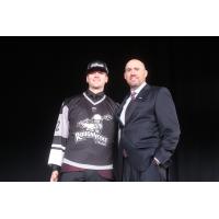 Calgary Roughnecks draftee Seth Van Schepen and NLL Commissioner Brett Frood