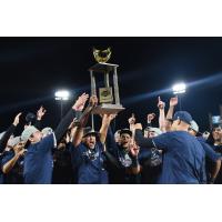 Randy Vasquez of the Somerset Patriots Hoists Eastern League Championship Trophy