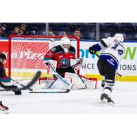 Kelowna Rockets' Jari Kykkanen Defends Against Victoria Royals' Carter Dereniwsky