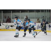 Ben Anderson (#24) and Wisconsin Windigo teammate Cam Boche (#9) head up ice