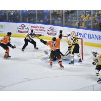 Louis Belpedio of the Lehigh Valley Phantoms reacts after his overtime goal against the Wilkes-Barre/Scranton Penguins