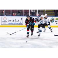 Kelowna Rockets' Will Munro versus Winnipeg ICE's Josh Medernach and Skyler Bruce