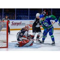 Vancouver Giants' Brett Mirwald battles Swift Current Broncos' Raphael Pelletier