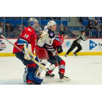 Springfield Thunderbirds' Joel Hoferand And Dmitri Samorukov Battle Hartford Wolf Pack's Tanner Fritz