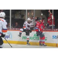 Lehigh Valley Phantoms' Cooper Marody and Springfield Thunderbirds' Dmitri Samorukov in action