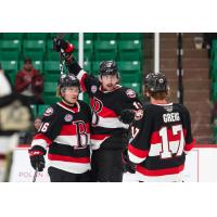 Belleville Senators' Angus Crookshank, Ridly Greig and Egor Sokolov on game day