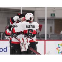 Belleville Senators' Antoine Bibeau celebrates win