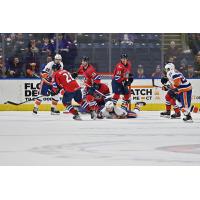 Springfield Thunderbirds defend against the Bridgeport Islanders