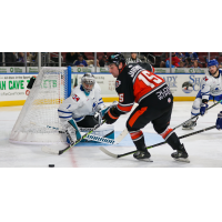 Wichita Thunder' Zachary Émond Battles Kansas City Mavericks' Jake Jaremko