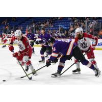 Allen Americans defensemen Kris Myllari (left) and Colton Saucerman (right) battle the Reading Royals