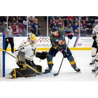 Wheeling Nailers goaltender Tommy Nappier stops the Kalamazoo Wings