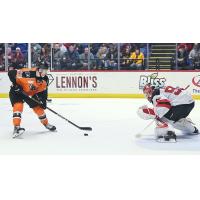 Lehigh Valley Phantoms' Max Willman vs. Utica Comets' Akira Schmid