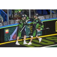 Saskatchewan Rush exchange congratulations after a goal