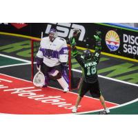 Marshall Powless of the Saskatchewan Rush reacts after a goal against Panther City LC