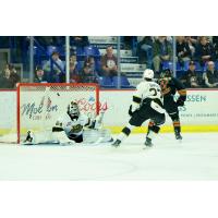 Adam Titlbach of the Vancouver Giants scores against the Brandon Wheat Kings