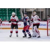 Belleville Senators defenceman Jeremy Davies and goaltender Michael Simpson vs. the Hartford Wolf Pack