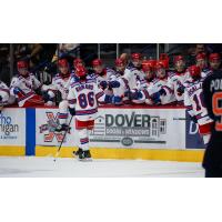 Kitchener Rangers' Luca Romano congratulated by team