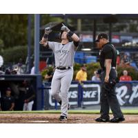 Elijah Dunham of the Somerset Patriots reacts after his home run